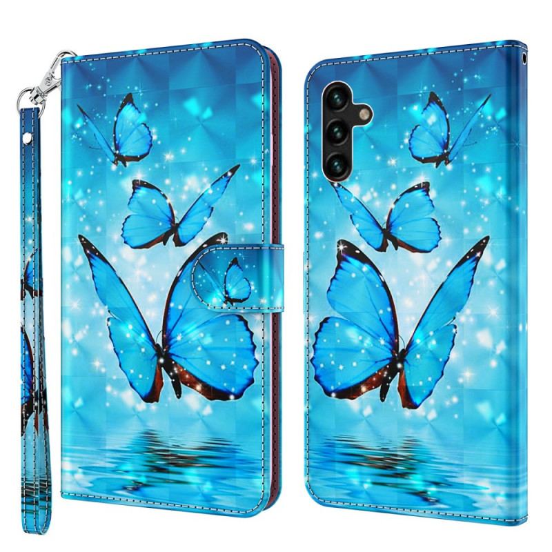 Capa De Couro Para Samsung Galaxy A13 5G / A04s Borboletas Azuis Voando