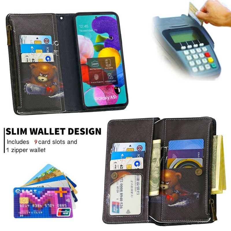 Capa Flip Para Samsung Galaxy A51 Urso De Bolso Com Zíper