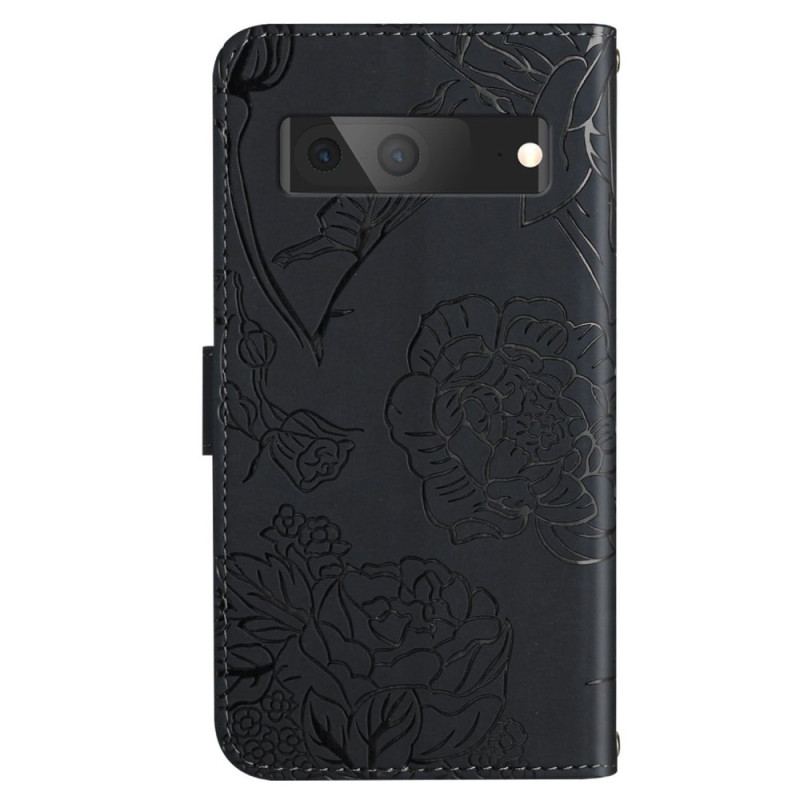 Capa De Couro Para Google Pixel 7A Borboletas Com Alça De Ombro