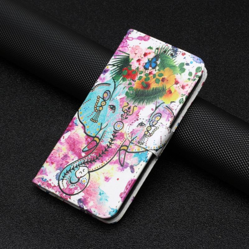 Capa De Couro Para Google Pixel 7A De Cordão Elefante Aquarela Com Alça