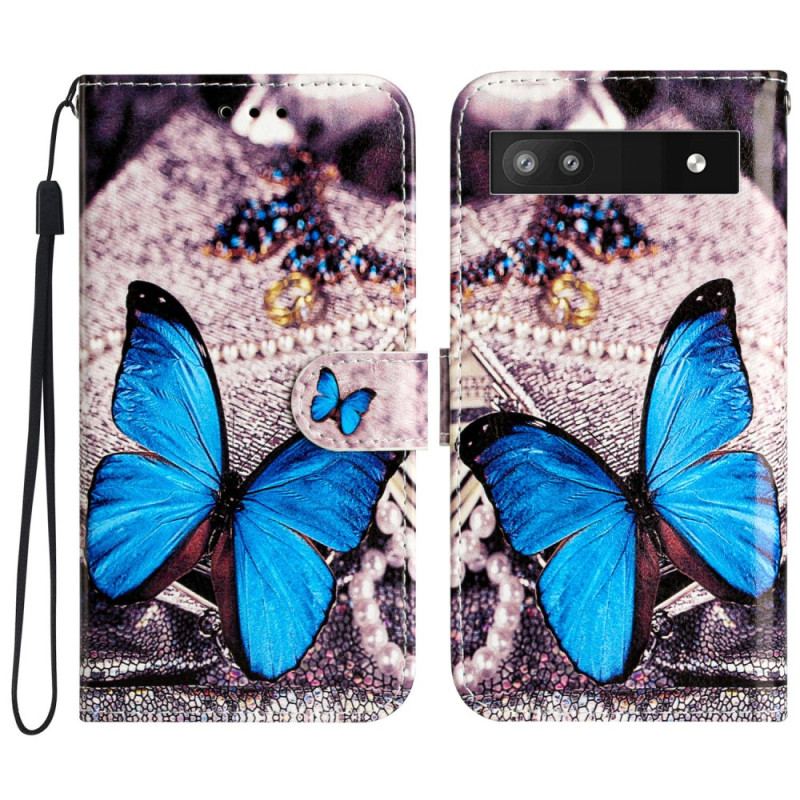 Capa Em Pele Para Google Pixel 7A De Cordão Borboleta Azul Com Alça