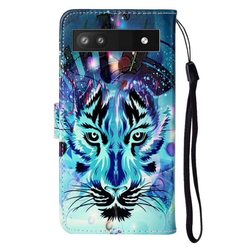 Capa Em Pele Para Google Pixel 7A De Cordão Tigre Colorido Com Cordão