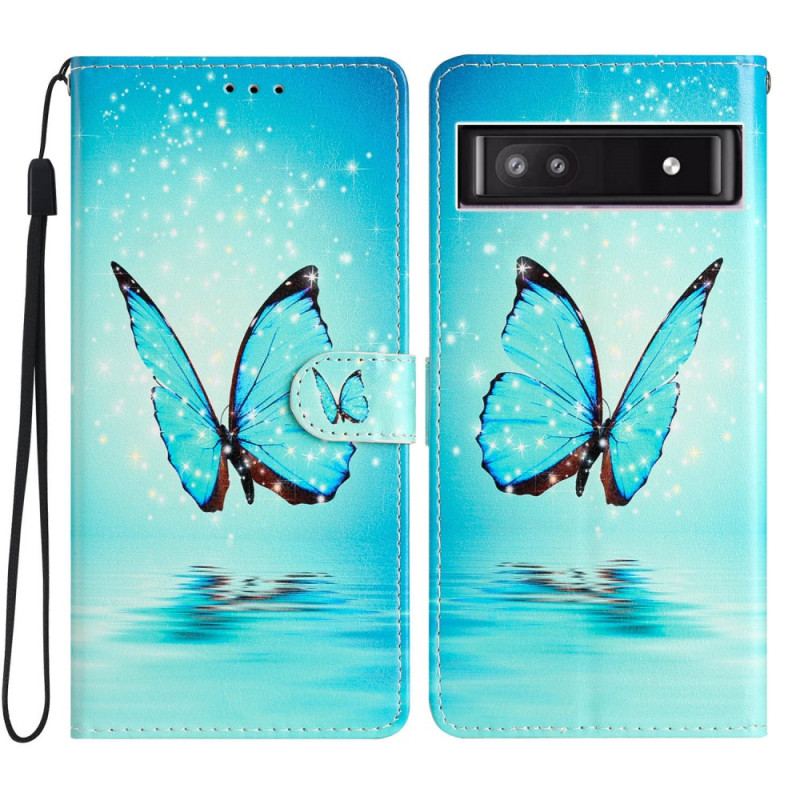 Capa Flip Para Google Pixel 7A De Cordão Borboletas Azuis Com Alça