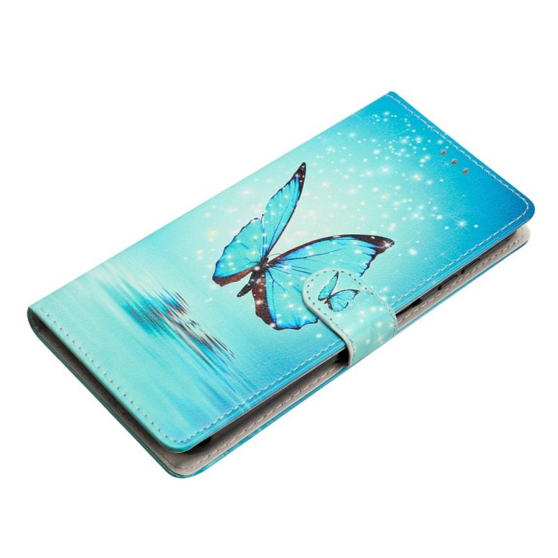 Capa Flip Para Google Pixel 7A De Cordão Borboletas Azuis Com Alça