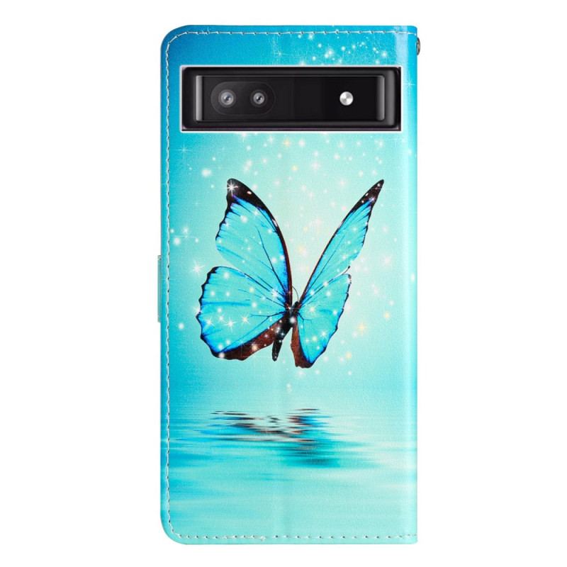 Capa Flip Para Google Pixel 7A De Cordão Borboletas Azuis Com Alça
