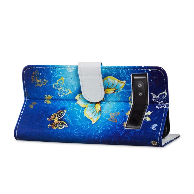 Capa Flip Para Google Pixel 7A De Cordão Borboletas Douradas Com Alça