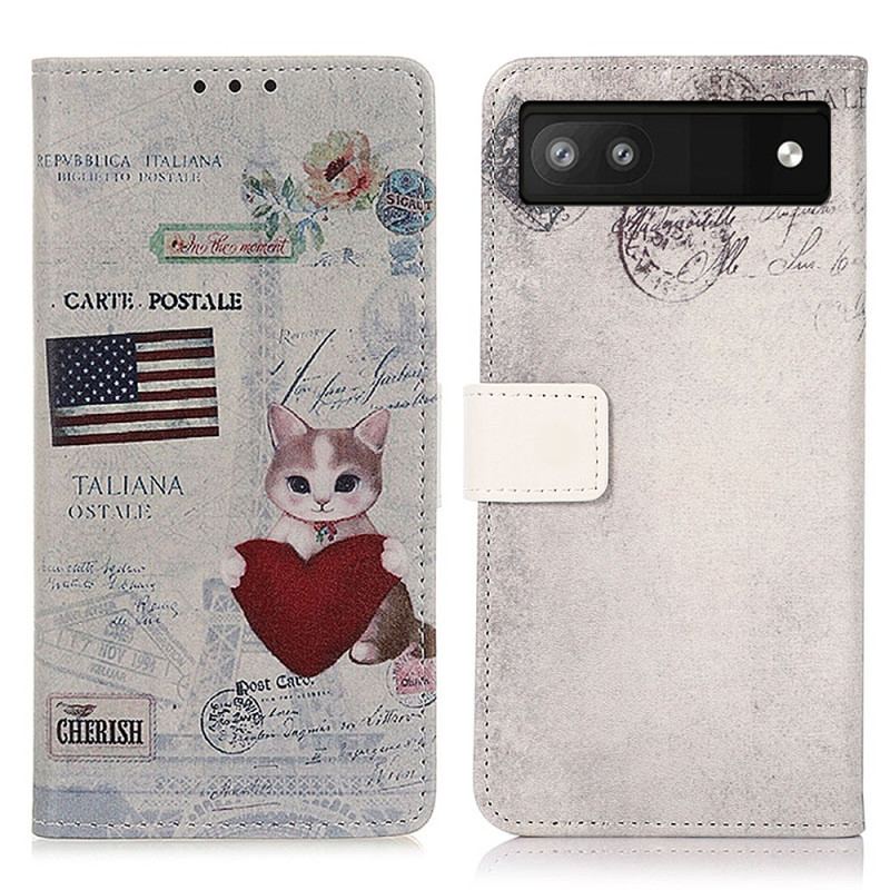 Capa Flip Para Google Pixel 7A Gato Viajante