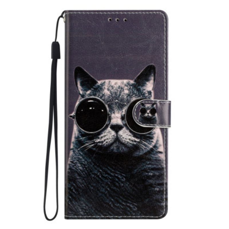 Capa Folio Para Google Pixel 7A De Cordão Óculos De Gato Com Tiras