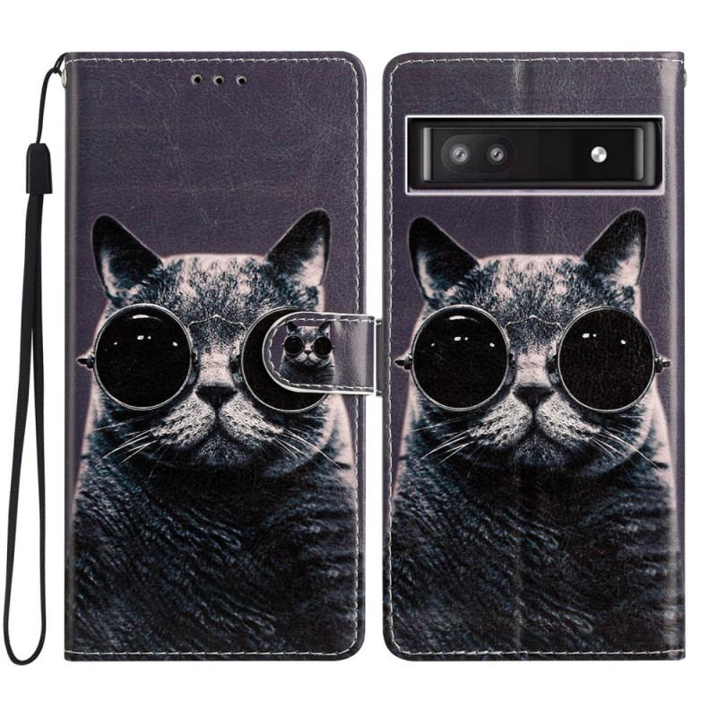 Capa Folio Para Google Pixel 7A De Cordão Óculos De Gato Com Tiras