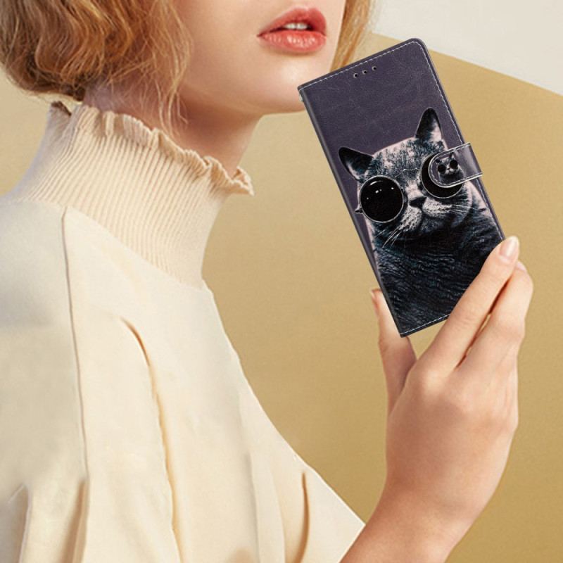 Capa Folio Para Google Pixel 7A De Cordão Óculos De Gato Com Tiras