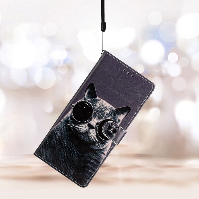 Capa Folio Para Google Pixel 7A De Cordão Óculos De Gato Com Tiras