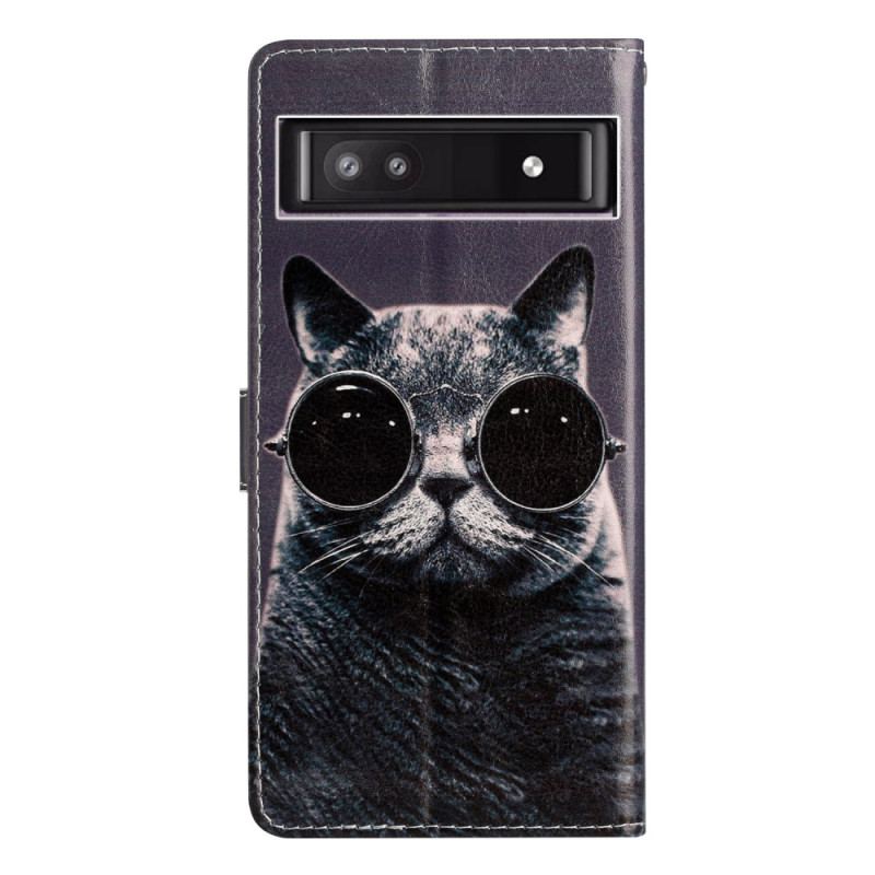 Capa Folio Para Google Pixel 7A De Cordão Óculos De Gato Com Tiras